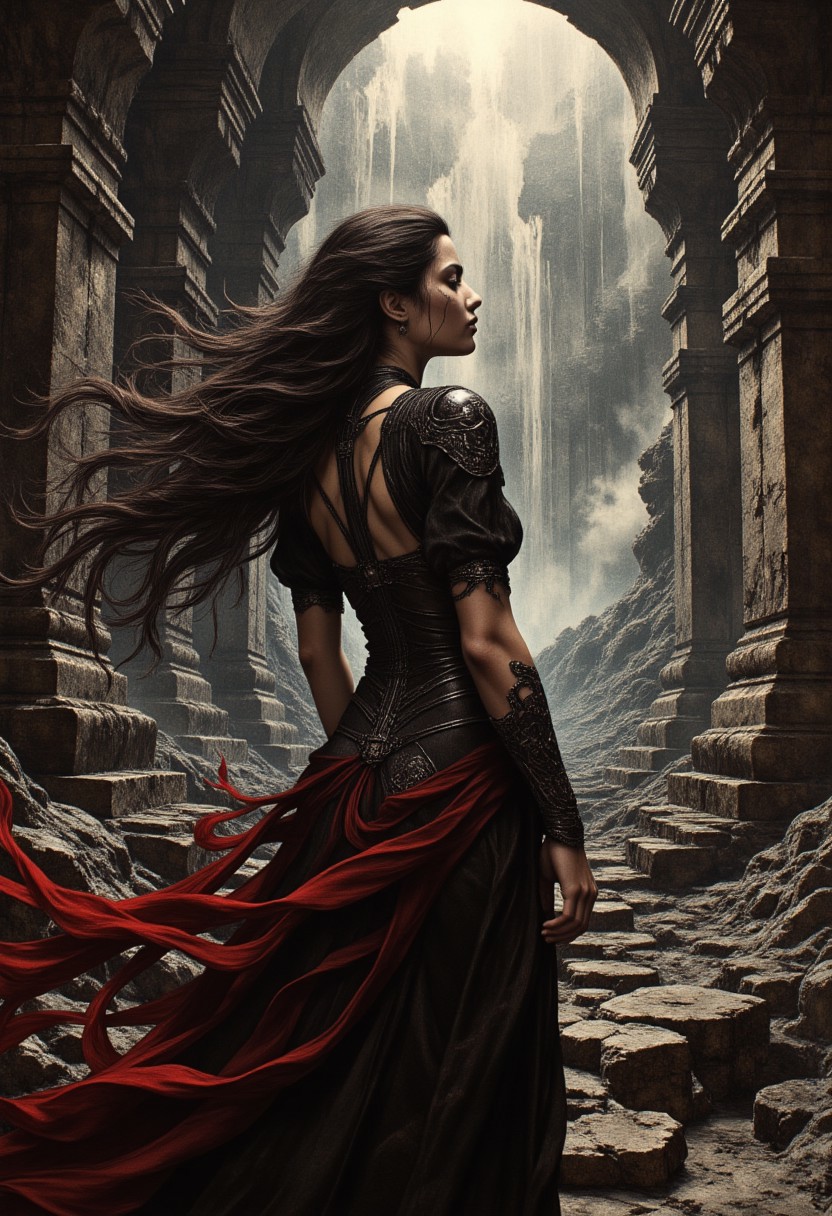 A closeup of a striking goth woman who stands at the edge of a vast underground cavern, her figure draped in tattered black velvet, flowing crimson silk, and intricately adorned dark leather. The fabric clings to her form as a fierce gust of wind sweeps through the shadowy expanse, casting chaotic, flickering shadows across the rough, weathered stone walls. Around her, ancient, crumbling statues of forgotten deities loom, their faces worn smooth by time, their forms half-hidden in a sea of dark, mist-shrouded stalactites.
The cavern is illuminated by shafts of eerie, blood-red light piercing the oppressive darkness, casting an ethereal glow on the jagged terrain and creating an interplay of shadows and highlights that evoke both awe and dread. The air is thick with mystique, and every detail of the scene suggests a place steeped in forgotten power and ancient secrets. The woman’s expression is enigmatic, her presence commanding as though she is the keeper of this lost realm.
The environment blends hyperrealism with dark romanticism, with textures rendered in painstaking detail—weathered stone, tattered fabric, and the faint sheen of damp walls all feel tangible. The scene channels the dark fantasy of Gerald Brom, the dreamlike landscapes of Moebius, and the biomechanical surrealism of H.R. Giger. It feels plucked from a high-concept art book, with intricate depth and artistry that transport the viewer to a world both haunting and beautiful.