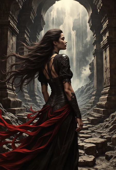 A closeup of a striking goth woman who stands at the edge of a vast underground cavern, her figure draped in tattered black velvet, flowing crimson silk, and intricately adorned dark leather. The fabric clings to her form as a fierce gust of wind sweeps through the shadowy expanse, casting chaotic, flickering shadows across the rough, weathered stone walls. Around her, ancient, crumbling statues of forgotten deities loom, their faces worn smooth by time, their forms half-hidden in a sea of dark, mist-shrouded stalactites.
The cavern is illuminated by shafts of eerie, blood-red light piercing the oppressive darkness, casting an ethereal glow on the jagged terrain and creating an interplay of shadows and highlights that evoke both awe and dread. The air is thick with mystique, and every detail of the scene suggests a place steeped in forgotten power and ancient secrets. The woman’s expression is enigmatic, her presence commanding as though she is the keeper of this lost realm.
The environment blends hyperrealism with dark romanticism, with textures rendered in painstaking detail—weathered stone, tattered fabric, and the faint sheen of damp walls all feel tangible. The scene channels the dark fantasy of Gerald Brom, the dreamlike landscapes of Moebius, and the biomechanical surrealism of H.R. Giger. It feels plucked from a high-concept art book, with intricate depth and artistry that transport the viewer to a world both haunting and beautiful.