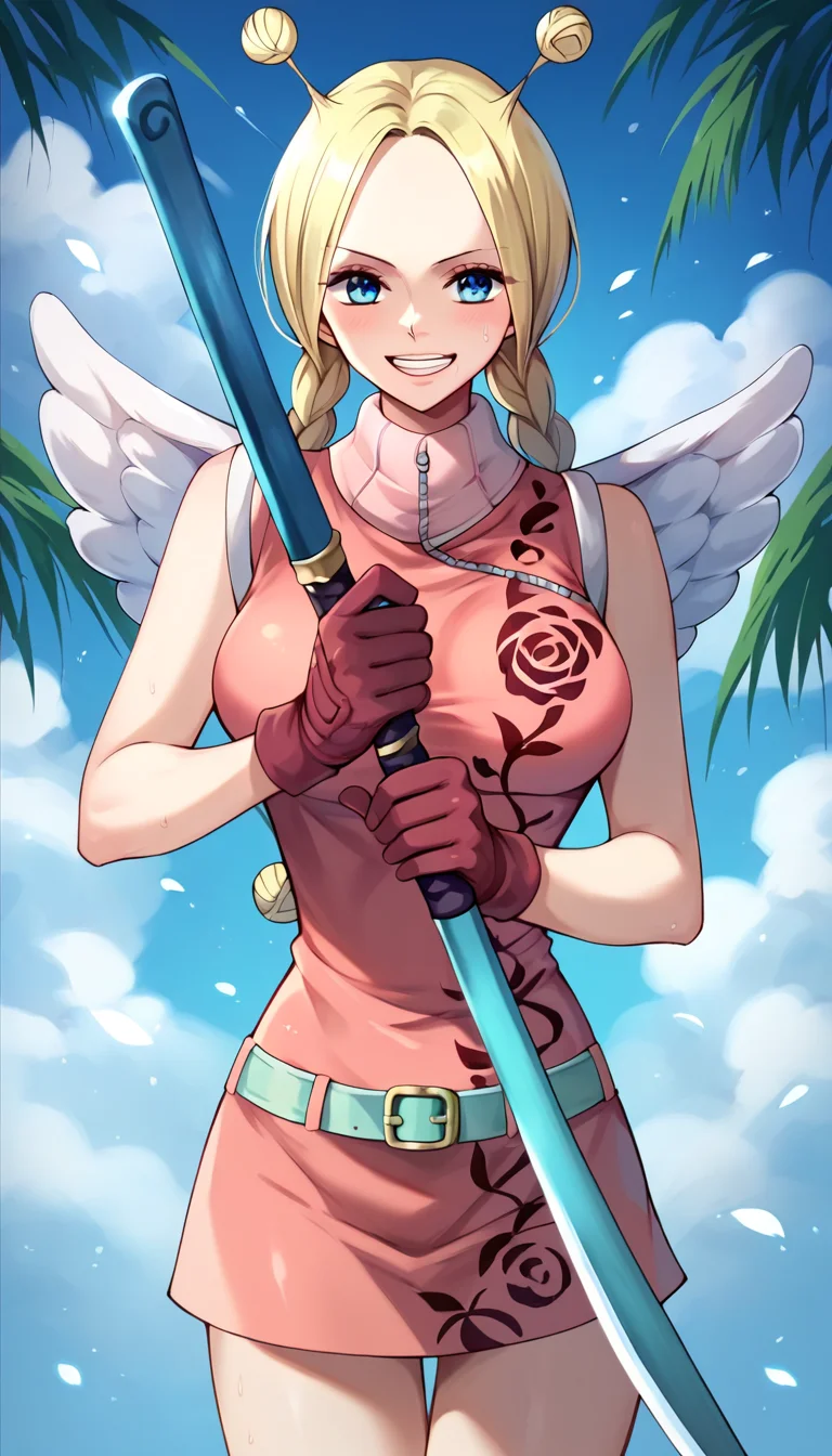 score_9, score_8_up, score_7_up, score_6_up, score_5_up, score_4_up, 1girl, conis, wings, blonde hair, antenna hair, twin braids, blue eyes, pink dress, turtleneck, green belt, red gloves, holding sword, <lora:Conis_v2:1>