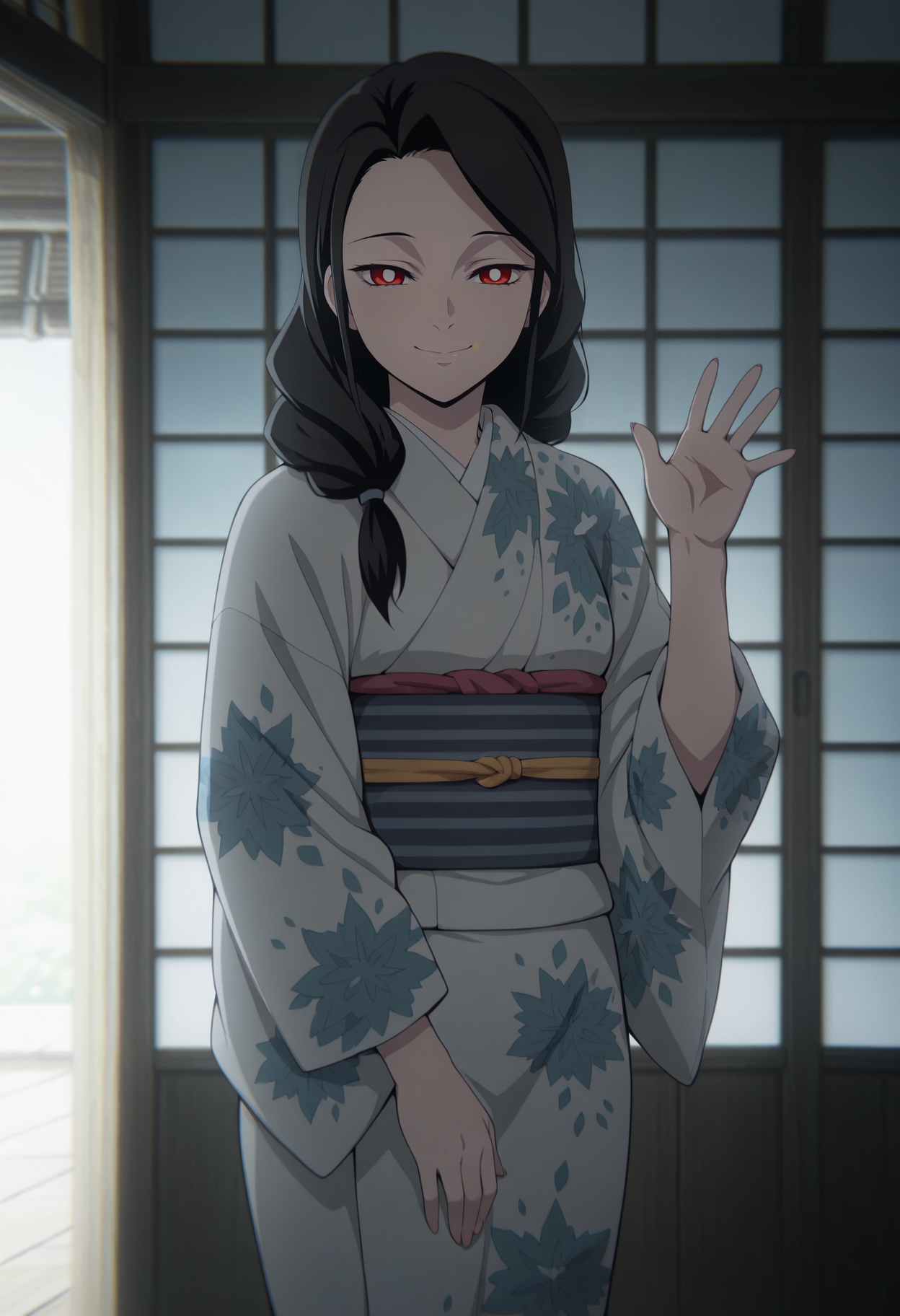 1girl,solo,mm,mature female,black hair,long hair,braid,red eyes,anime coloring,
kimono,obi,sash,cowboy shot, waving,standing, looking at viewer, smile,indoors
,masterpiece,best quality,amazing quality,<lora:Ruka_Rengoku-Kimetsu_no_Yaiba_r2:0.8>