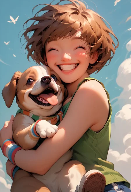 (score_10, score_9_up, score_8_up, score_7_up,) 
1girl, solo, chiesummer, brown hair, short hair, brown eyes, green tank top, wristbands, blue shorts, sneakers, smile, laughing, hugging dog, fat dog, 
p3tl0v3