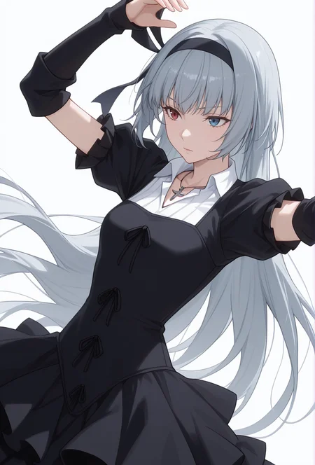 Smooth Quality,masterpiece,very intricate, high quality details, ultra realistic, high detailed skin,detailed enviorement,absurdres,
simple background, white background,solo,
dynamic angle,dancing,
kubrick stare,
<lora:Valentine_CNR:0.8> valentine_cnr, 1girl, blue eyes, grey hair,red eyes, heterochromia, blue eyes,very long hair, valentine_def, black dress,gothic fashion, puffy sleeves, short sleeves, arm warmers, black hairband, cross necklace, hair ribbon, hairband,