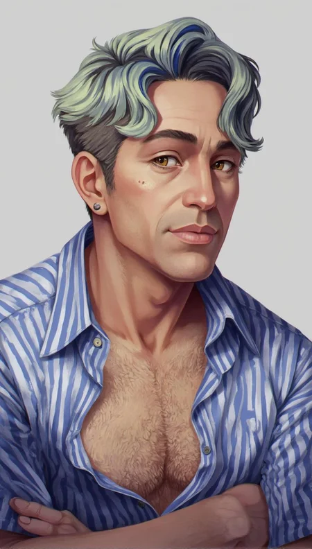 <lora:ck-LttleGhost-000011.safetensors:1> in the style of ck-lttlegh0stA middle-aged man with a mesmerizing multi-colored hairstyle gazes directly at the viewer. He wears a blue and white striped shirt with short sleeves, showcasing chest hair and conveying casual elegance. His piercing eyes add depth and emotion to this striking digital artwork, crafted with fine details for art enthusiasts and collectors.
