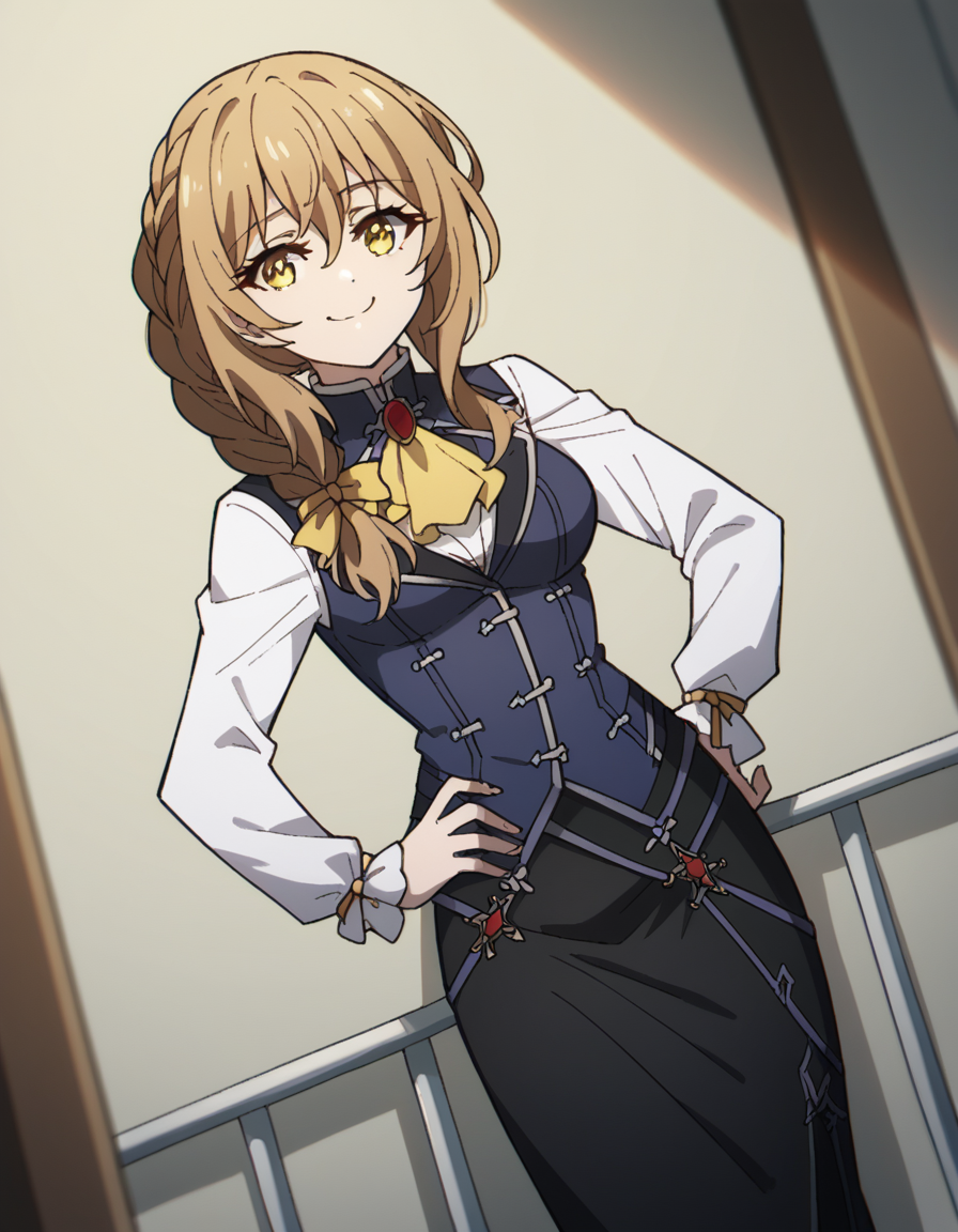 score_9, score_8_up, score_7_up, source_anime, <lora:guild-girl-s2-ponyxl-lora-nochekaiser:1>, guild girl, long hair, brown hair, yellow eyes, braid, single braid, medium breasts, skirt, shirt, long sleeves, white shirt, pantyhose, black skirt, vest, long skirt, yellow ribbon, ascot, yellow ascot,, hospital room, bedside, get well flowers, comforting, quiet, , looking at viewer, smug, hand on hips,, solo,, cowboy shot, dutch angle