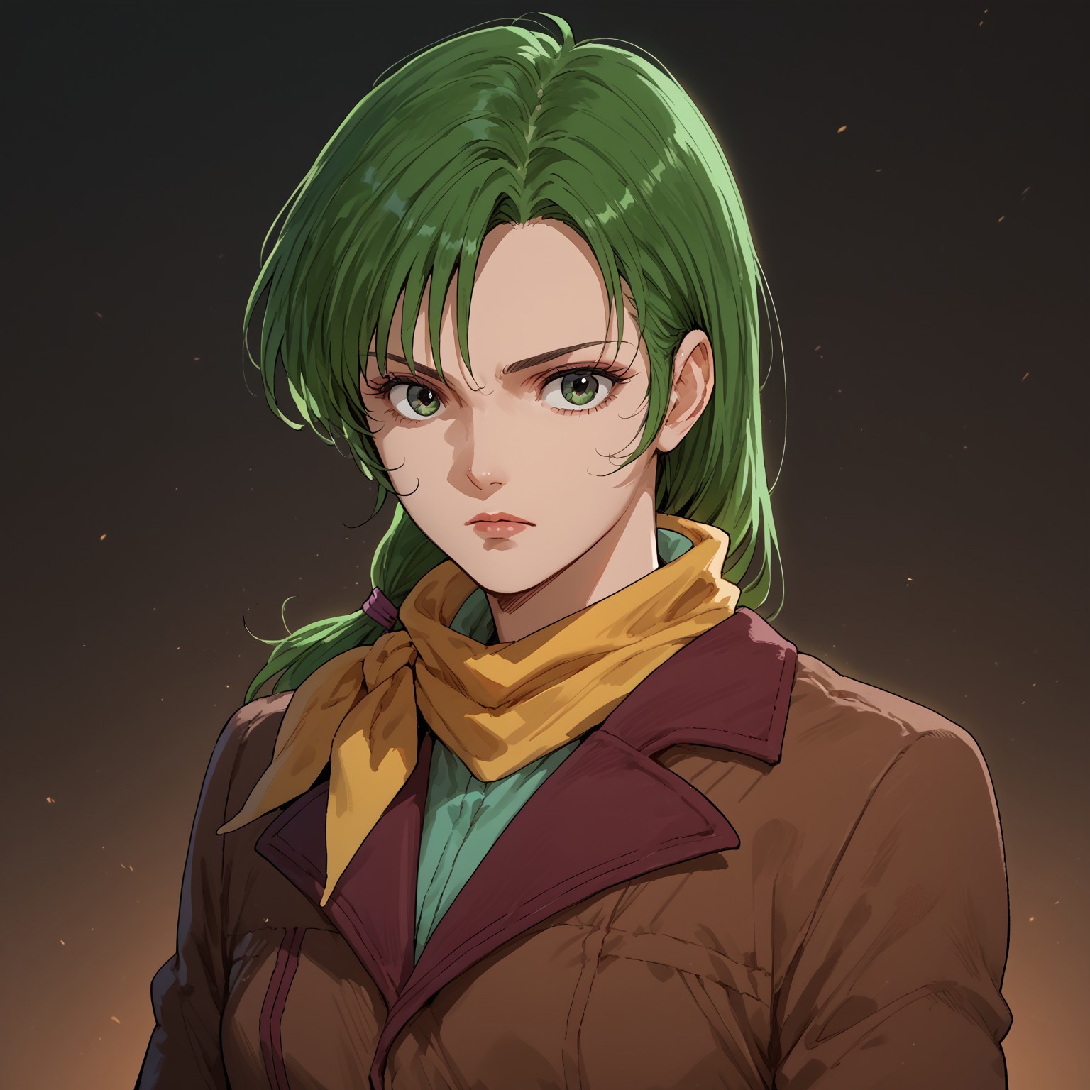 score_9, score_8_up, score_7_up, 1girl, solo, Miriya, green hair, green eyes, brown outfit, yellow scarf, upper body, cowboy shot