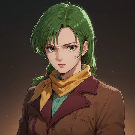 score_9, score_8_up, score_7_up, 1girl, solo, Miriya, green hair, green eyes, brown outfit, yellow scarf, upper body, cowboy shot