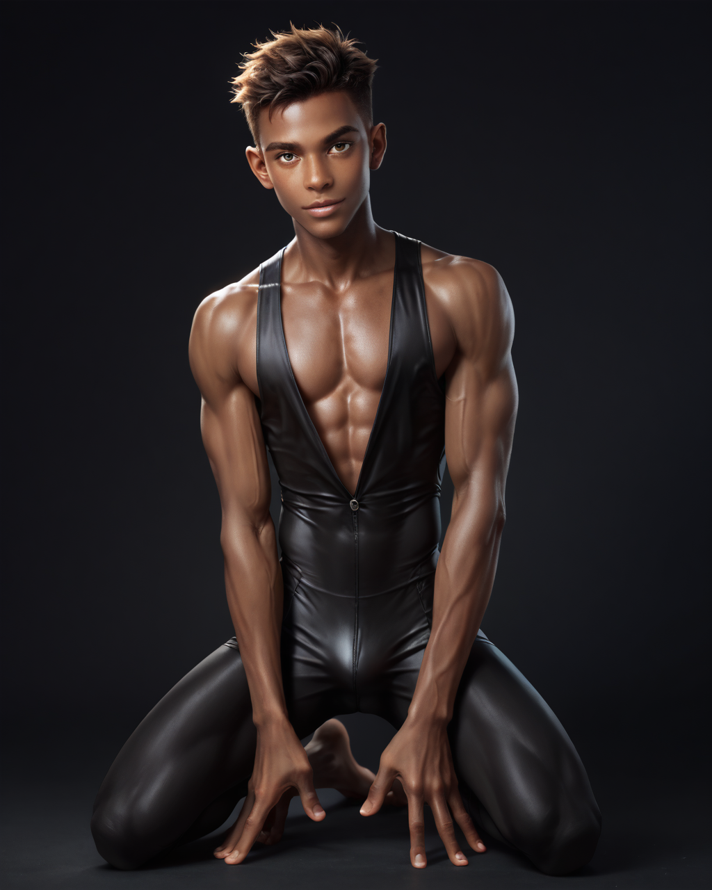 score_9, score_8_up, score_7_up, score_6_up, score_5_up, score_4_up, rating_questionable, 
<lora:homri52:1>,
intricately detailed, photo studio with black backdrop, black background,
1boy(human, glistening skin, handsome, sexy, seductive, posing, looking at the viewer, friendly expression, kneeling,
black skin, african, 
twink, slender, 
tight posing slip),
depth of field, 
<lora:xl_more_art-full_v1:0.4>,
<lora:add-detail-xl:0.4>