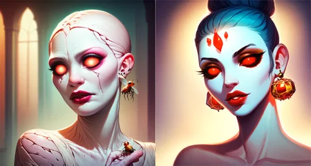 score_9, score_8_up, score_7_up, score_6_up, score_5_up, score_4_up, rating_safe, fantasy, depth of field, fine art influences, realistic, mysterious color scheme, detailed and dynamic background, a (female insect <lora:Fantasy_Monsters_XL:1>:1.2) in their twenties, is shopping in the town a market, colored skin, albino skin, shattered inverted rainbow, grimoire, <lora:EnvyZoomSliderXL01:0.5> <lora:Anime Style 2 SDXL_LoRA_Pony Diffusion V6 XL:0.8> <lora:Dungeon_Party:0.9> humanoid, (piercing:0.7), detailed eyes, neat eyeshadow, makeup, lipstick,|score_9, score_8_up, score_7_up, score_6_up, score_5_up, score_4_up, rating_safe, 1girl, solo, looking_at_viewer, red_eyes, jewelry, earrings, lips, makeup, glowing, bug, portrait, glowing_eyes, The image portrays a woman with a unique appearance. Her face is adorned with a white mask, which is adorned with red eyes and pink lips. The mask is so detailed that it appears to be a part of her dress. Her eyes are a striking red, and her lips are pink, adding to the overall aesthetic of the image. The woman's hair is styled in a messy manner, giving her a somewhat chaotic appearance. The woman is not alone in this image. She is accompanied by a bee, which is captured in mid-flight. The bee is positioned near the woman's hand, suggesting a sense of connection between the two. The bee's wings are spread out, and it seems to be in mid-flight, adding a dynamic element to the scene. The background of the image is a blend of blue and green hues, which creates a serene atmosphere. There are also arches visible in the background, adding an architectural element to the image. The arches are positioned behind the woman, providing a sense of depth to the image. The woman's dress is white, which contrasts with the red eyes and pink lips of the bee. The dress is also white, which complements the overall color scheme of the image. The woman's hand is also white, which complements