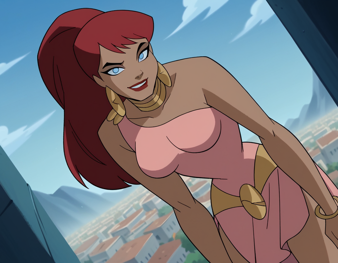 score_9, score_8_up, score_7_up, source_anime,
giganta, <lora:giganta-dcau-ponyxl-lora-nochekaiser:1>,
giganta, blue eyes, red hair, dark skin, dark-skinned female, makeup, lipstick, ponytail,
dress, jewelry, earrings, bracelet, pink dress,
outdoors, cityscape, bent over, smile,
looking at viewer, solo, dutch angle, cowboy shot,