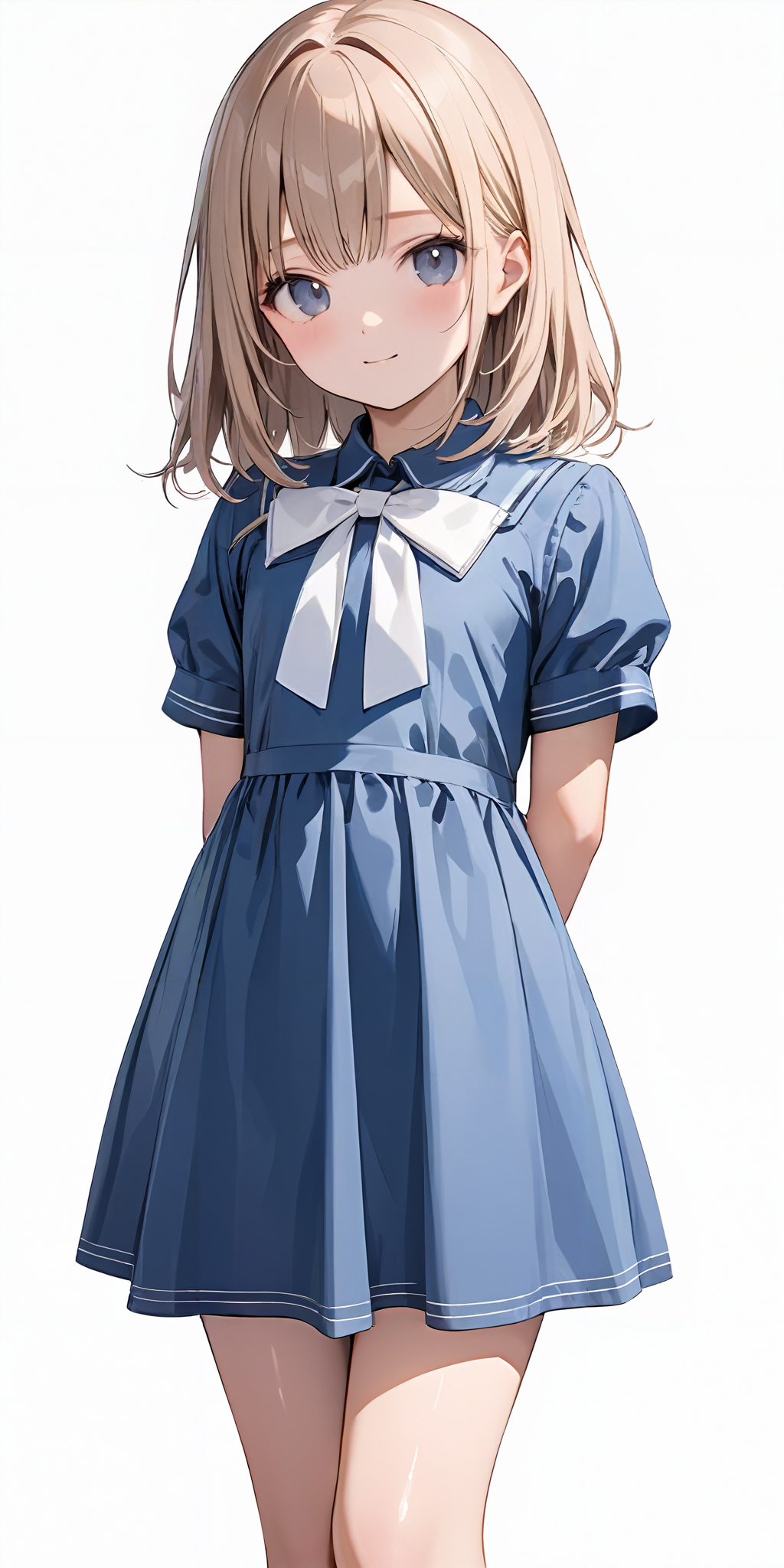 masterpiece,ultra-detailed,best quality,8K,illustration,cute face,clean skin ,shiny hair,girl,simple background,cowboy shot,
 <lora:add-detail-xl:1> <lora:jyoji one piece_XL_V1.0:0.8>  jyojifuku,blue  dress,bow,thigh