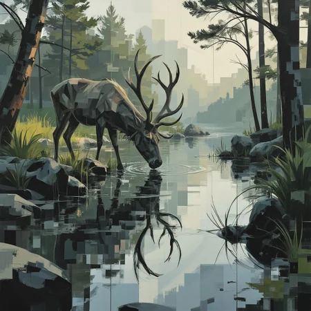ckbwaw, a digital artwork in the style of ckbwaw, l0wp0ly, in the style of ck-mgs, a deer is drinking from a forest river, bright eyes, best quality,masterpiece, detailed, UHD, award-winning,vibrant,acid colors,illustration,concept art,surreal,dark,tenebrous, relaxing,cinematic,archaic,nature,vista,closeup,zoomed,hdr,fern green,beige,pale cyan,calm atmosphere,idyllic