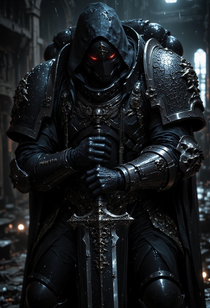 R3alisticF, A mysterious, hooded figure. The figure is clad in intricately detailed DeathW40K armor, adorned with ornate patterns and textures that suggest a gothic or medieval style. The hood obscures the helmet, casting deep shadows that enhance the enigmatic presence. The figure's hands, covered in armored gauntlets, grip the hilt of a large, menacing sword. The sword's blade is partially visible, reflecting a cold, metallic sheen. The background is blurred, emphasizing the central figure and adding to the atmospheric, moody tone of the composition. Water droplets are visible on the armor, suggesting a recent rain or mist, adding a dynamic element to the scene.