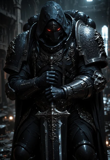 R3alisticF, A mysterious, hooded figure. The figure is clad in intricately detailed DeathW40K armor, adorned with ornate patterns and textures that suggest a gothic or medieval style. The hood obscures the helmet, casting deep shadows that enhance the enigmatic presence. The figure's hands, covered in armored gauntlets, grip the hilt of a large, menacing sword. The sword's blade is partially visible, reflecting a cold, metallic sheen. The background is blurred, emphasizing the central figure and adding to the atmospheric, moody tone of the composition. Water droplets are visible on the armor, suggesting a recent rain or mist, adding a dynamic element to the scene.