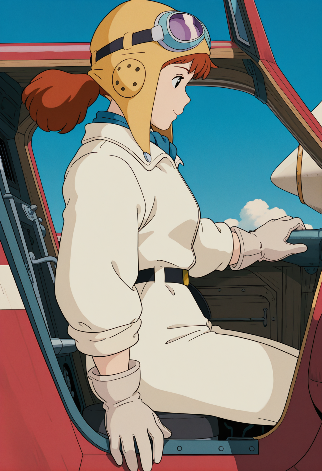 masterpiece, best quality, very aesthetic, absurdres, 1girl, solo, 
<lora:fio_piccolo_v01:0.9>, fio_piccolo, fio_pilot, brown hair, ponytail,
goggles, aviator cap, blue scarf, jumpsuit, long sleeves, grey gloves, black belt, red airplane, cockpit, polot, (smile:0.7), profile, blue sky