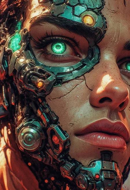 ((A close-up portrait)) ((side view) ((look away)) of a cyberpunk MAN (luigi mangione) with a hyper-realistic biomechanical face. Detailed human skin texture seamlessly integrated with futuristic mechanical implants . One large, green cybernetic eye with intricate patterns. smooth and reflective metallic details on his face. Lighting is warm and dynamic, highlighting every contour and texture. Futuristic and sci-fi atmosphere, highly detailed and realistic digital art.
(Cyberpunk realism, Biomechanical details) (Dynamic lighting with neon highlights) (((glowing circuits, metallic implants)))