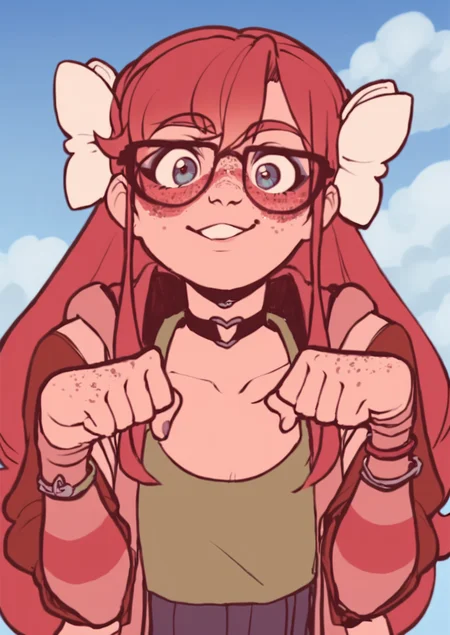 score_8_up, score_7_up, score_6_up, score_5_up, score_4_up, anime screenshot
<lora:GinjaNinjaOwO (Autism SDXL):0.8> 1girl, solo, long hair, red hair, hair ornaments, freckles, glasses, standing, upper body, looking at viewer, jacket, shirt, choker
, looking up, :3, paw pose,