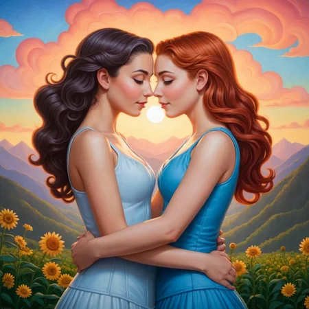 by Rob Gonsalves and Yelena Zhavoronkova in the style of Jeremiah Ketner,  filmic <lora:filmicVibesXL_v1.1:0.80> ,   two women, lesbian  couple , passionately embracing
