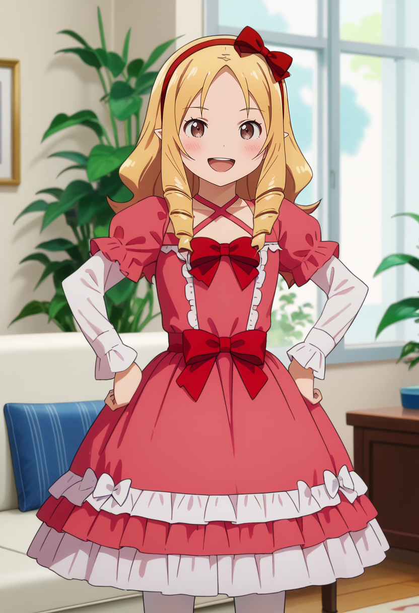 score_7_up, anime screencap,
<lora:EromangaSensei_YamadaElfXL:0.9>,
1girl, solo, open mouth, smile, light blush, upper teeth only,
drill hair, blonde hair, parted bangs, brown eyes, pointy ears, hair bow, red hairband,
ElfDress, frilled dress, pink dress, criss-cross halter, layered sleeves, short over long sleeves, frilled skirt, bow skirt, red bow, white bow, white pantyhose,
standing, looking at viewer, hands on own hips,
blurry background, indoors, couch, window, plant