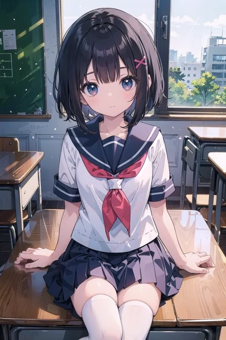 (masterpiece),  1girl,  short hair,  bob hair,  black hair,  hair ornament,  hair ribbon,  school uniform,  serafuku,  thighhigh,  classroom