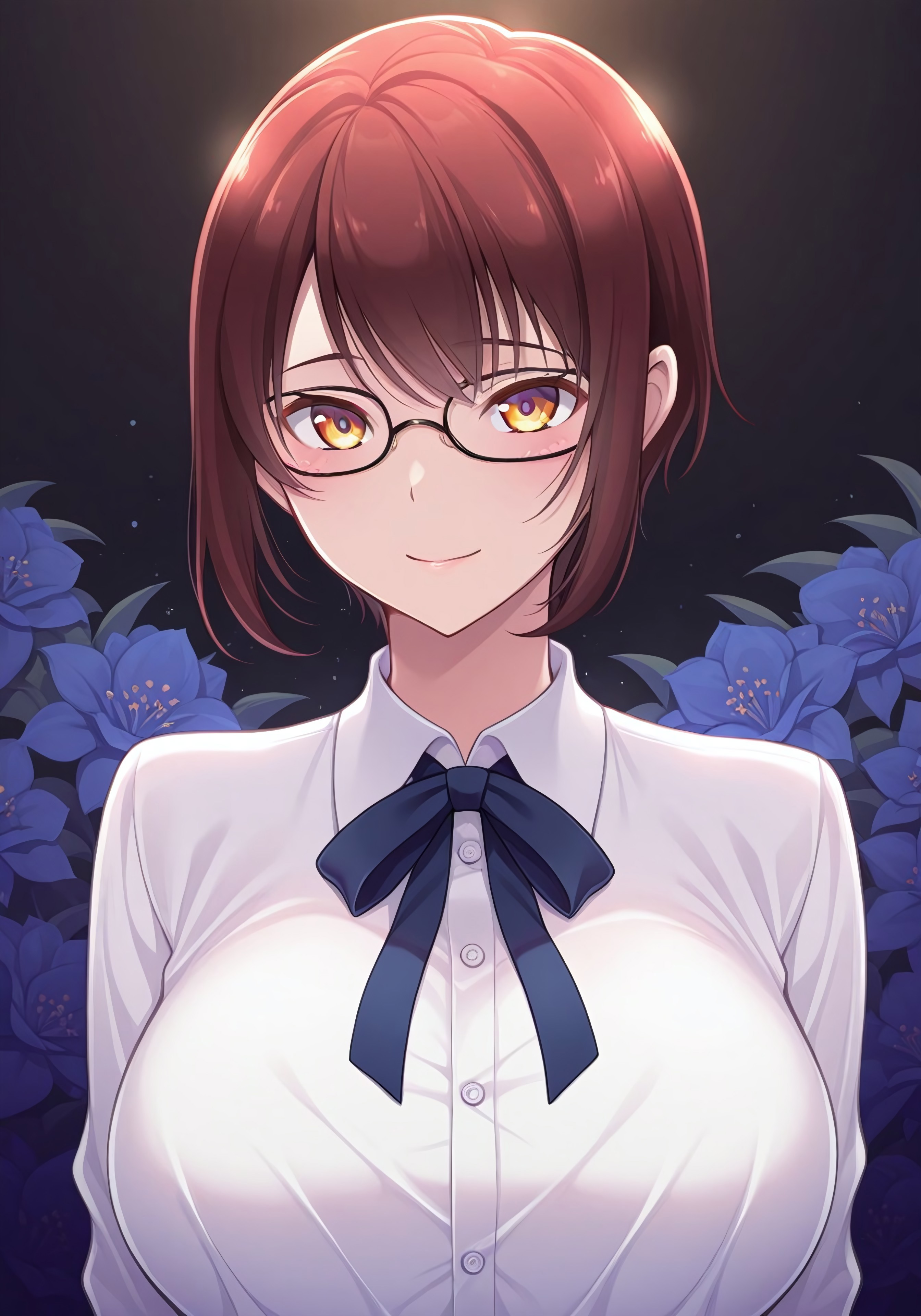 milfayumi, HDR, 4k, best quality, 8k, absurdres, very aesthetic, ultra-detailed, best illustration, best background, floral background, night background, dark background, masterpiece, amazing quality, best background, smiling, looking at viewer, white shirt, blue ribbon tie, ribbon, glasses