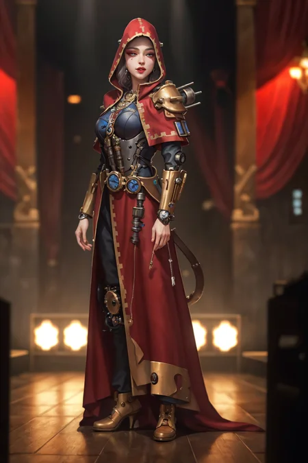 highres,absurdres,masterpiece,best quality,original,extremely detailed CG,extremely detailed wallpaper,perfect lighting,jitome,lips,makeup,standing on the stage,blurry background,
<lora:techpriest:0.75>,techpriest,mechanical arms,steampunk,hood,robe,