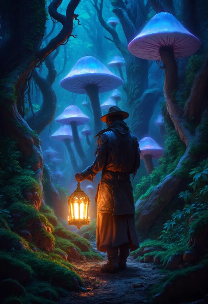 a vivid and fantastical scene of a man walking through a magical forest. The forest is filled with gigantic, tree-sized mushrooms that glow faintly in vibrant shades of blue, purple, and green. Large, twisting vines drape from the towering mushrooms and the unseen canopy above, adding an otherworldly texture to the environment. The ground is uneven, covered with soft moss that emanates subtle bioluminescence.
The man is the focal point of the scene, depicted holding an ornate lantern that casts a warm, golden light, illuminating the immediate area. The light interacts dynamically with the forest's glowing elements, creating a stark contrast between the warm glow of the lantern and the cool ambient hues of the forest. His silhouette reveals he is wearing a long, tattered coat and a wide-brimmed hat, lending him an air of mystery.