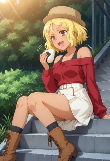 1girl, solo, masterpiece, best quality, newest, absurdres, CG, anime, source anime, illustration, very aesthetic, high resolution, ultra-detailed, newest, scenery, medium depth of field, rule of thirds, masterpiece-level, clean lines, sharp, focused subject, 
BREAK 1girl, ((solo)), Sakura_LW, anime screenshot, blonde hair, short hair, hair ornament, hairclip, dark skin, dark-skinned female, brown eyes, gyaru
hat, skirt, brown boots, off shoulder, white skirt, red shirt,
dynamic pose, sitting on the stairs, eating onigiri, happy, open mouth, dutch angle
outdoors, park, stairs, bin, grass, bushes,
motion lines, from both sides, cinematic angle, various angles, detailed background, beautiful background, (rays light:1.0),(grow:1.0), light particles