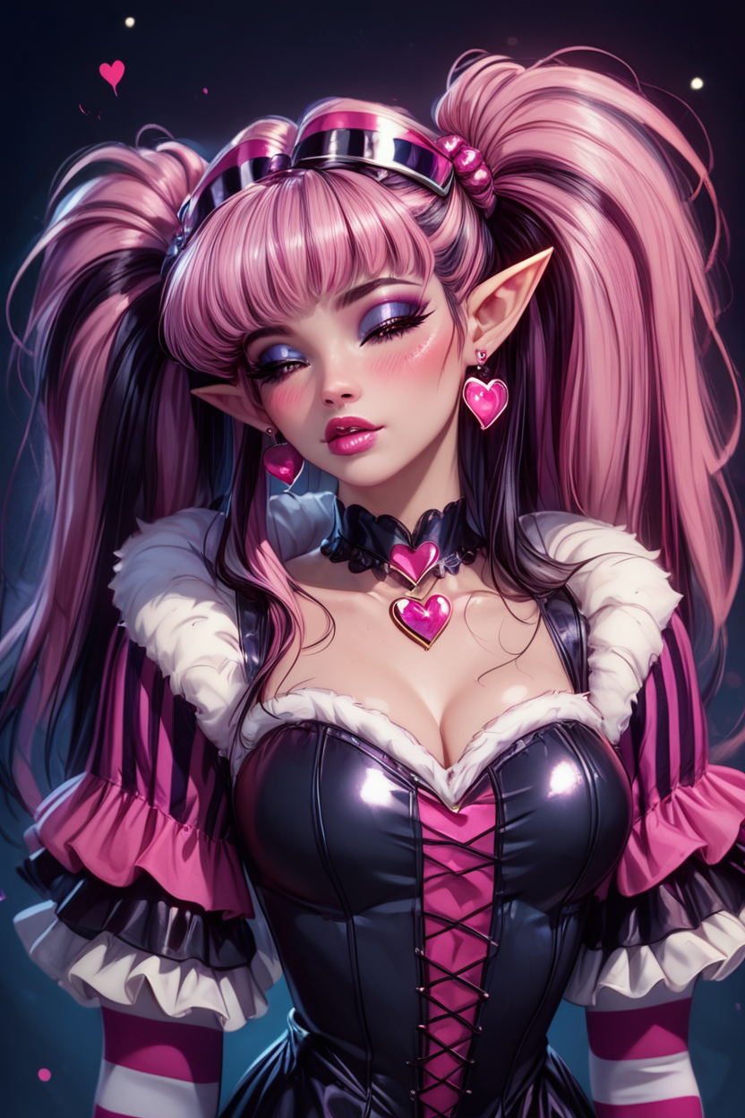 score_9, score_8_up, score_8, medium breasts, (curvy), cute, eyelashes,       BREAK, , zzDraculaura, black hair, twintails, multicolored hair, two-tone hair, streaked hair, long hair, pink hair, pointy ears, retro artstyle, 1990s (style),  cleavage, jewelry, heart, earrings, black choker, frills, striped, fur trim, makeup, heart earrings, striped sleeves, black dress,    <lora:NewDraculaura_PDXL:1.0>,, BREAK,  (ultra realistic,32k, masterpiece:1.2),(high detailed skin:1.1),( high quality:1.1), curvy, head tilt, hearts, blush, lips, closed mouth, curvy, head tilt, shiny clothes, (upper body), looking at viewer, bokeh, luminescent background, ,,, embedding:zPDXL, Expressiveh, ,,, <lora:RlAnmPDXL:1.0>,