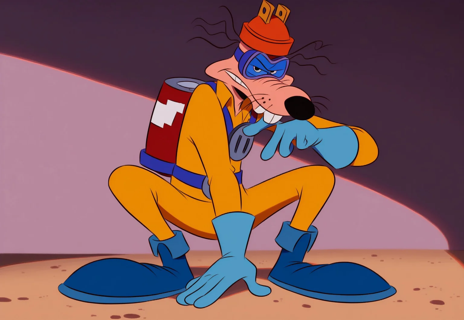 safe_pos, 1boy, solo, Megavolt, smiling, looking at viewer. anthro, orange helmet, safety goggles, buck teeth, two protruding hairs on each side, limbal ring on left eye, four fingers, yellow overall, cable reel on left hip, whiskers, red battery on back, plug on chest, blue gloves, blue boots, sitting on the ground,
low-angle shot with a tilt upwards; Lighting: Warm artificial lighting with subtle shadows; Depth of Field: Shallow, with a blurred background; highly detailed, highquality, 4k,very detailed,masterpiece, score_9, score_8_up, score_7_up,score_9, score_8_up,ratfolk, furry rat, clear image, no pixels, clear, ng_deepnegative_v1_75t,dramatic lighting