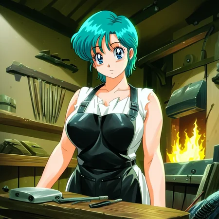 source_anime, artist style:Urushihara Satoshi, source_hentai, source_dbz, 1woman, looking at viewer, facing viewer, score_9, score_8_up, score_7_up, score_6_up, BL4CKSM1TH, blacksmith, apron, leather, BREAK, 1girl, solo, bulma, milf, large breasts, black_apron, aqua_hair, blue_eyes, perfect face, perfect eyes, sexy, sexy girl, seductive, beautiful eyes, petite body, wide hips, large breasts, posing, dynamic angle, dynamic, workshop, anvil, flames, retro_artstyle