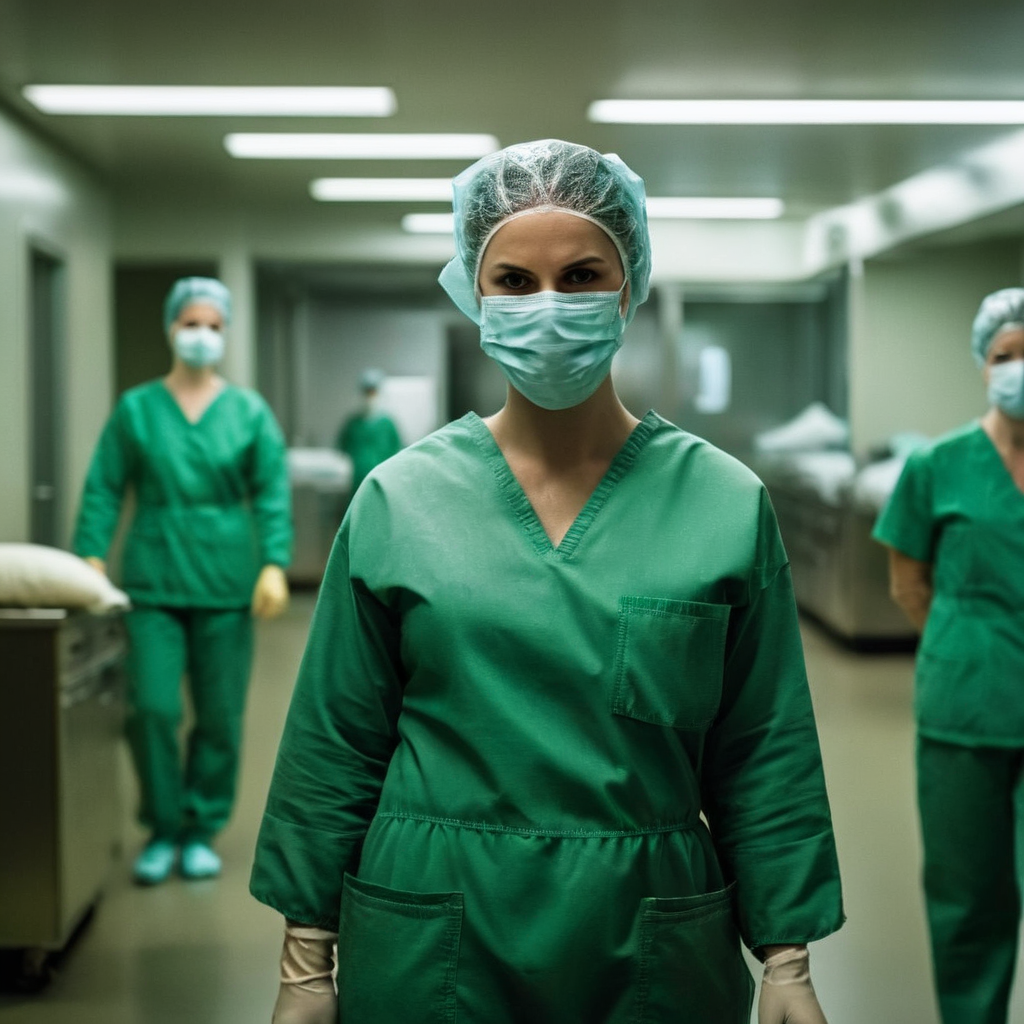 Dark Fantasy Art of cinematic film still of  <lora:Cinematic Hollywood Film:1.5>
Epic Creative Scene a 1970'swoman wearing a surgical mask and green scrub suit Cinematic Hollywood Film Style, dark, moody, dark fantasy style