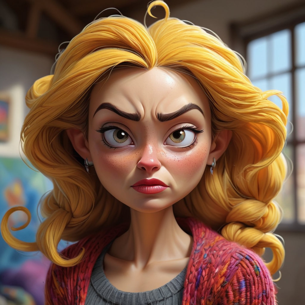 Painting, Extraordinary Radiant tiny Catalan (Teuta:1.2) , very fearful, Knitting, face is a combination of Seven of Nine, The Brain and Belle from Beauty and the Beast, Tilted head, Colorless Nose Ring, at Midday, (designed by Tom Fruin:0.7) , Shameless, Sun Rays, symbolism, triadic, trending on artstation, extremely hyper aesthetic
