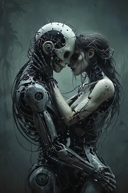 mechanical synthetic embrace, build to serve to calculate, to love to overtake, eerie, dark, <lora:Futuristic_Retro_Vibes:0.2>, <lora:Neon_Cyberpunk_Impressionism_SDXL:0.2>, <lora:EnvyNIghtmareXL01:0.3>, <lora:tbh219-sdxl:0.2>