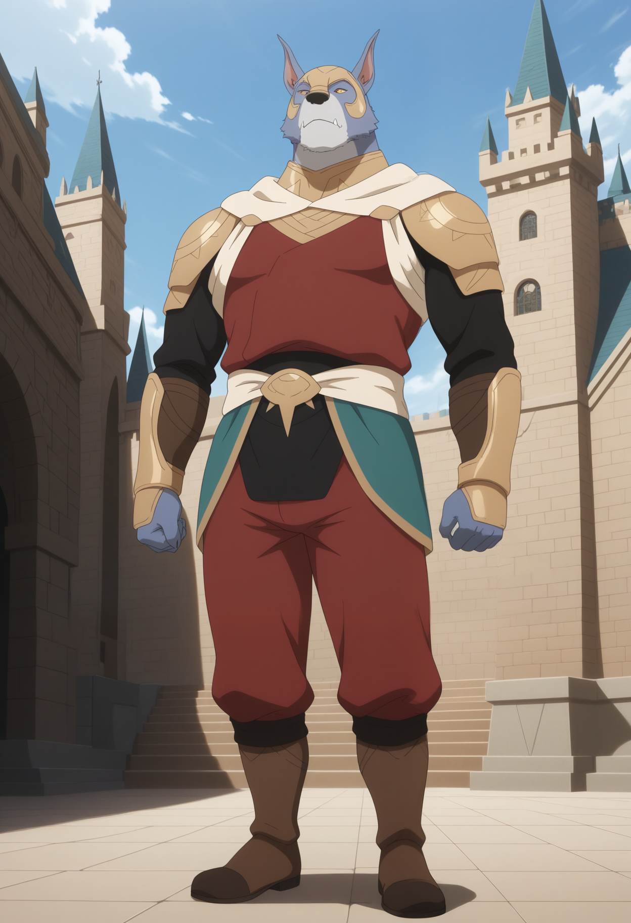 masterpiece,best quality,amazing quality, 1boy, solo, 4s4r, dog boy, grey fur, yellow sclera, helmet, gorget, red shirt, wrapped cloth, pauldrons, black undershirt, vambraces, black waist armor, green waistcloth, white belt, red pants, grieves, brown boots, full body, outside, castle,