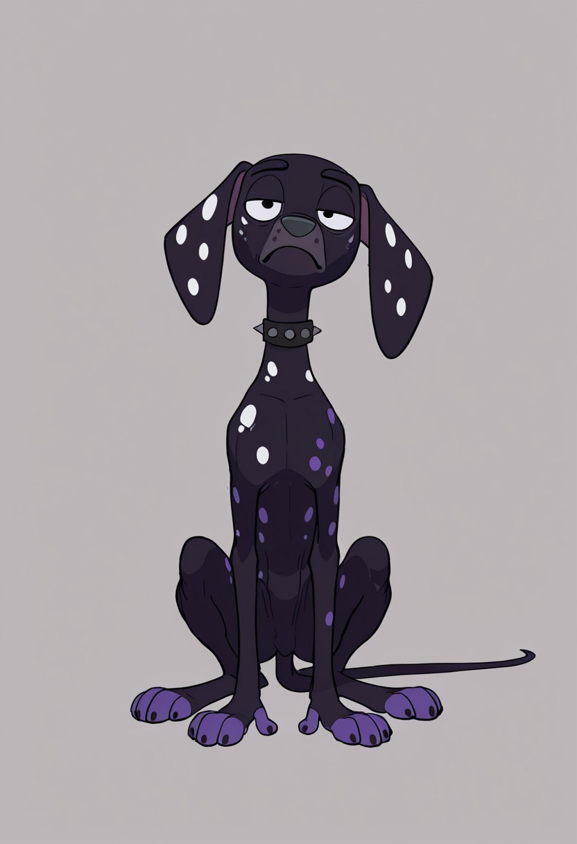 artist:matchattea, masterpiece, best quality, amazing quality, Dante(101), solo, feral dog, animal, quadruped, 1boy, dalmatian, dalmatian dog, feral, dog, dalmatian, black fur, white spots, purple spots, purple paws, gray nose, baggy eyes, spiked collar, full body, head tilt, snout, looking at viewer, bored expression, bored, boren emotion, half closed eyes, tall dog, skinny dog,