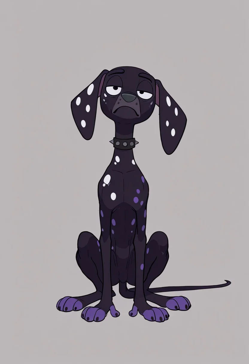 artist:matchattea, masterpiece, best quality, amazing quality, Dante(101), solo, feral dog, animal, quadruped, 1boy, dalmatian, dalmatian dog, feral, dog, dalmatian, black fur, white spots, purple spots, purple paws, gray nose, baggy eyes, spiked collar, full body, head tilt, snout, looking at viewer, bored expression, bored, boren emotion, half closed eyes, tall dog, skinny dog,