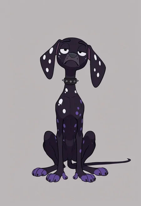artist:matchattea, masterpiece, best quality, amazing quality, Dante(101), solo, feral dog, animal, quadruped, 1boy, dalmatian, dalmatian dog, feral, dog, dalmatian, black fur, white spots, purple spots, purple paws, gray nose, baggy eyes, spiked collar, full body, head tilt, snout, looking at viewer, bored expression, bored, boren emotion, half closed eyes, tall dog, skinny dog,