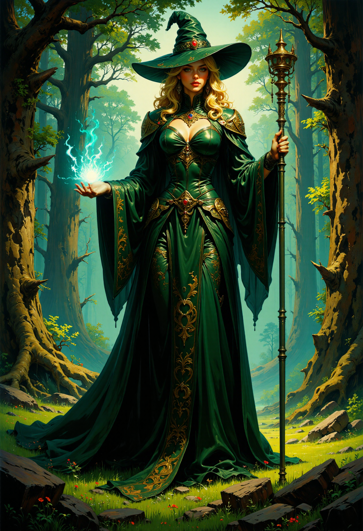 highest details, ultra hyper realism. highly detailed and realistic. intricate and highly professional artwork, an absolute masterpiece.
An expressive painting. A fantastical scene in a lush, enchanted forest. The central figure is a tall, fair-skinned female druid with long, wavy blonde hair, adorned in an elaborate, dark green gown with intricate gold embroidery. She wears a large, ornate witch's hat with a wide brim, and her expression is both mysterious and commanding. In her right hand, she holds a glowing, ornate staff, casting a soft blue light that illuminates the scene. The background is filled with towering, moss-covered trees, and the ground is carpeted with vibrant greenery and small, glowing fireflies. The lighting appears to be a mix of natural and magical, with a glowing aura surrounding her, enhancing the mystical atmosphere. The overall aesthetic quality is very high, showcasing excellent use of color, texture, and light. The angle is slightly low, emphasizing the woman's authority and the magical environment. Highly detailed and hyper aesthetic fantasy art
<lora:articolorpaint_v01_epoch_13:0.7> <lora:FluxMythG0thicL1nes:0.4> G0thicL1nes <lora:RetroAnimeFluxV1:0.35>