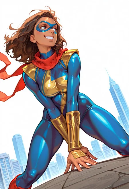 masterpiece, best quality, amazing quality, very aesthetic, absurdres, highres, newest, ledspac, mmkamalakhan, 1girl, solo, brown hair, medium hair,domino mask, smile, dark skinned female, blue bodysuit, lightning symbol, red scarf, gold pauldrons, gold bracers, red and gold boots, superhero fighting stance, smug expression, white background, rim lighting, dynamic angle, open sky, city skyline
