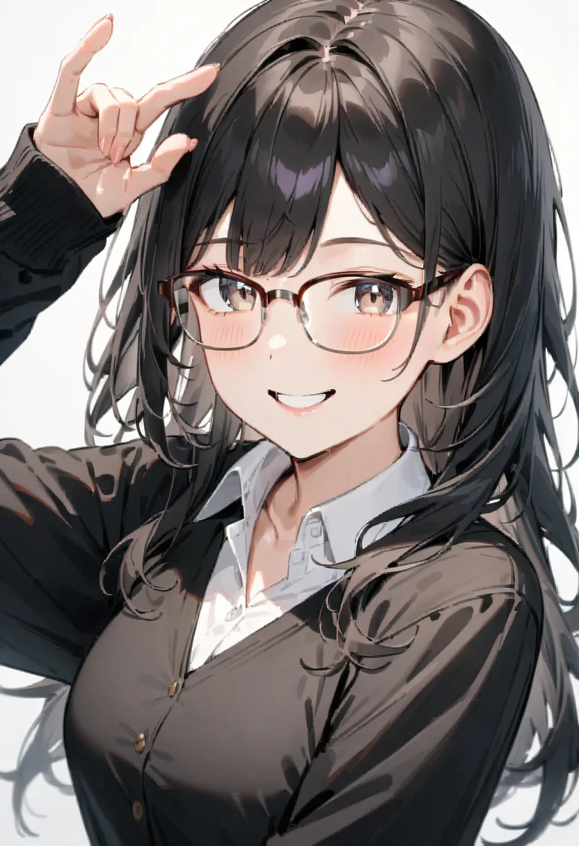 masterpiece, best quality, very aesthetic, absurdres,
1girl, solo, black hair, long hair,
sirmont16A, glasses,
collared shirt, happy, smile, looking at viewer, adjusting eyewear, white background, simple background,
<lora:glasses_sirmont2_SDXL_V1:1>