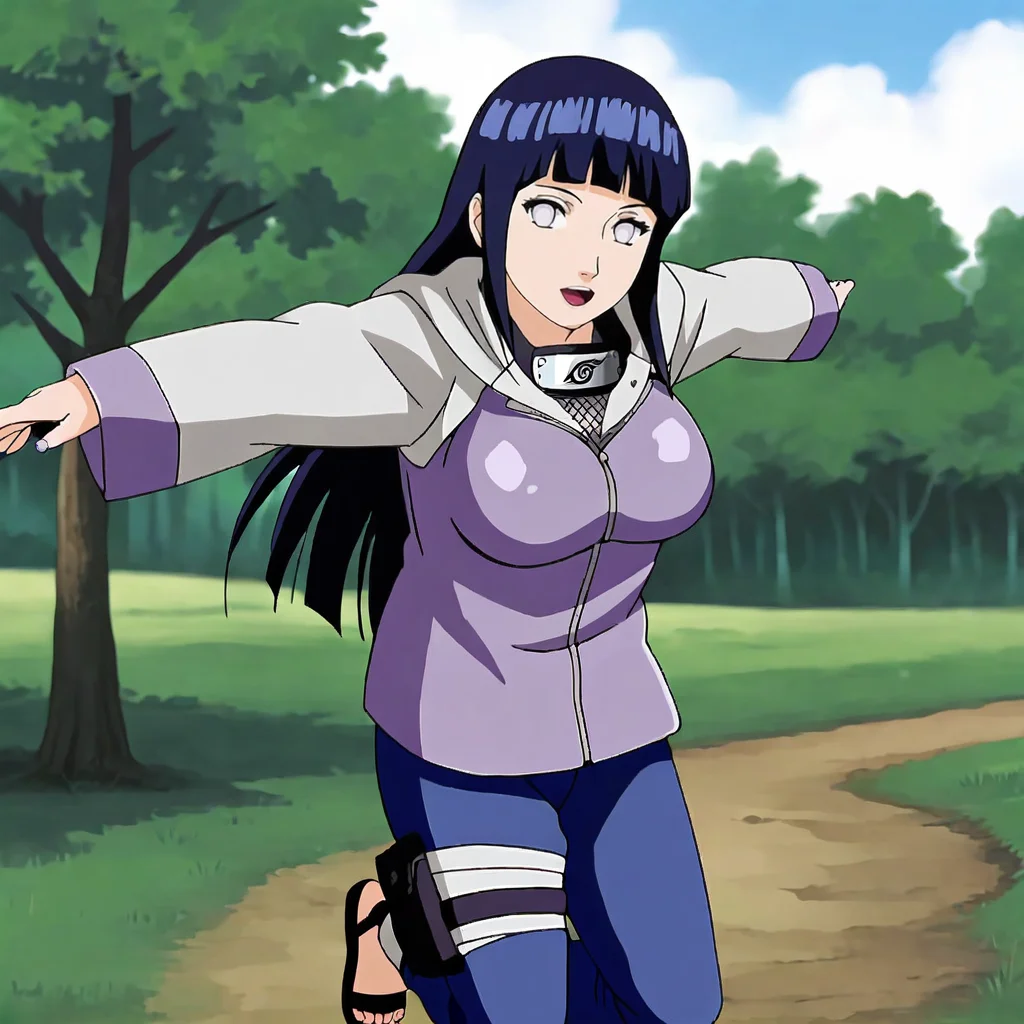 <lora:hinata_pony_v1:.8> Hinata, hyuuga hinata, 1girl, long hair, large breasts, black hair, konohagakure symbol, long sleeves, white eyes, forehead protector, blunt bangs, hood, jackets, sandals, pants, cowboy shot