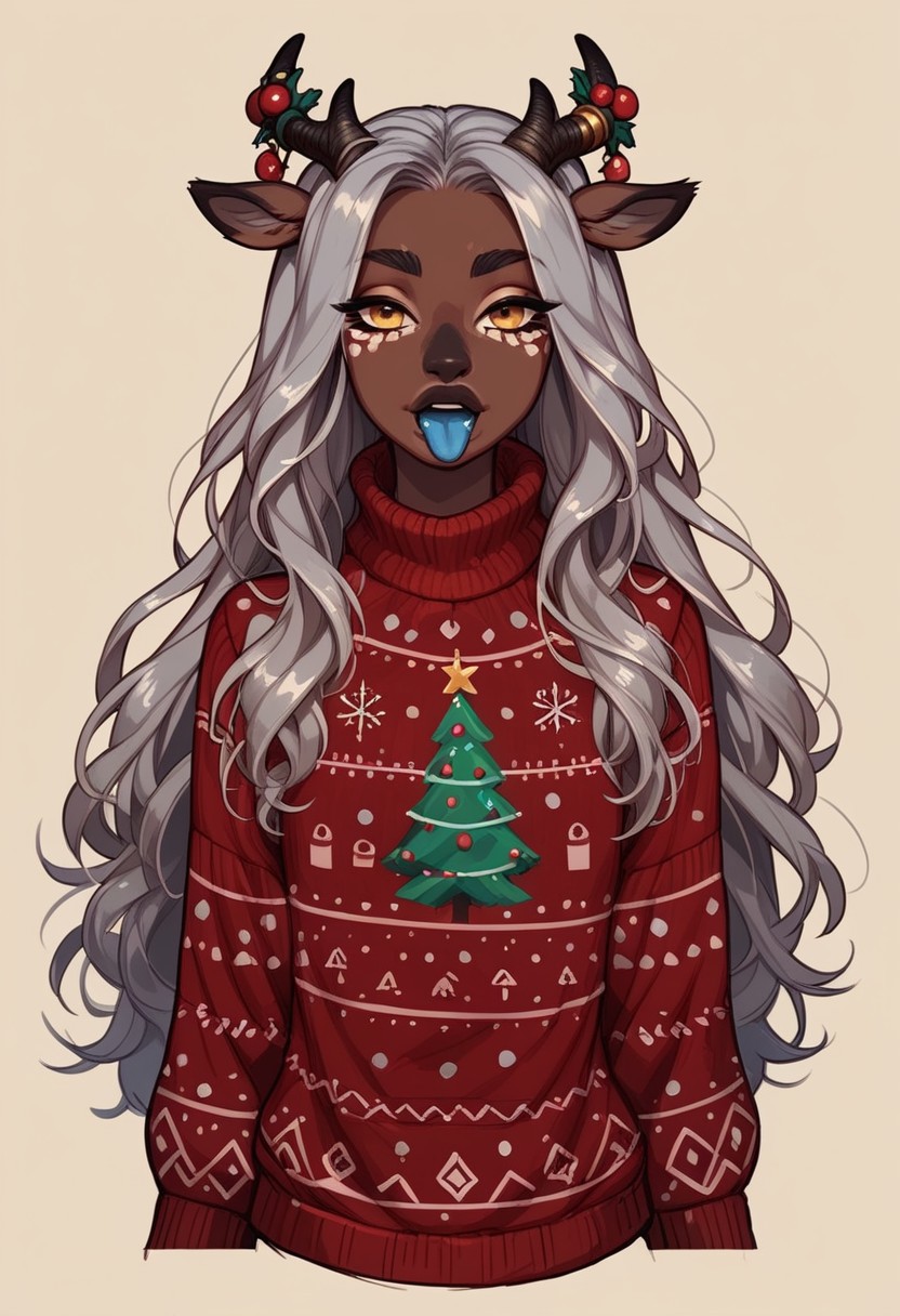 (score_9, score_8_up, score_7_up), 
fluffy_new_year, merry_furistmas, 
1girl, puazi, monster girl, christmas_sweater, big yellow goat eyes, bonze skin, bronze face markings, silver stomach, silver face, bronze deer tail, shiny gold long hair, bronze goat horns, blue in ear, petite, skinny, shiny skin, blue lips, long blue tongue, solo, simple background, InCasestyle