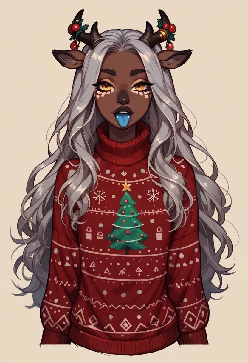 (score_9, score_8_up, score_7_up),
fluffy_new_year, merry_furistmas,
1girl, puazi, monster girl, christmas_sweater, big yellow goat eyes, bonze skin, bronze face markings, silver stomach, silver face, bronze deer tail, shiny gold long hair, bronze goat horns, blue in ear, petite, skinny, shiny skin, blue lips, long blue tongue, solo, simple background, InCasestyle