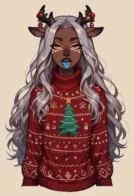 (score_9, score_8_up, score_7_up),
fluffy_new_year, merry_furistmas,
1girl, puazi, monster girl, christmas_sweater, big yellow goat eyes, bonze skin, bronze face markings, silver stomach, silver face, bronze deer tail, shiny gold long hair, bronze goat horns, blue in ear, petite, skinny, shiny skin, blue lips, long blue tongue, solo, simple background, InCasestyle