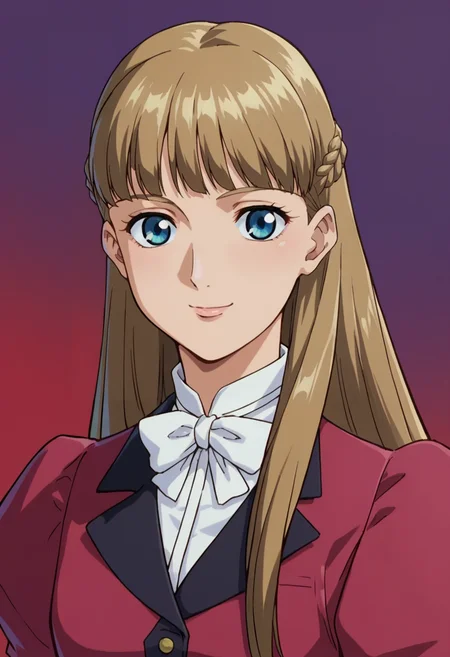 score_9,score_8_up,score_7_up,score_6_up,score_5_up,score_4_up,anime coloring BREAK source_anime,anime,<lora:Relena_Darlian_Gundam_Wing_Pony:0.8>,relena,1girl,solo,blue eyes,brown hair,long hair,bangs,side braids,white shirt,bowtie,red jacket,juliet sleeves,smile,multicolored background,portrait,upper body,looking at viewer,