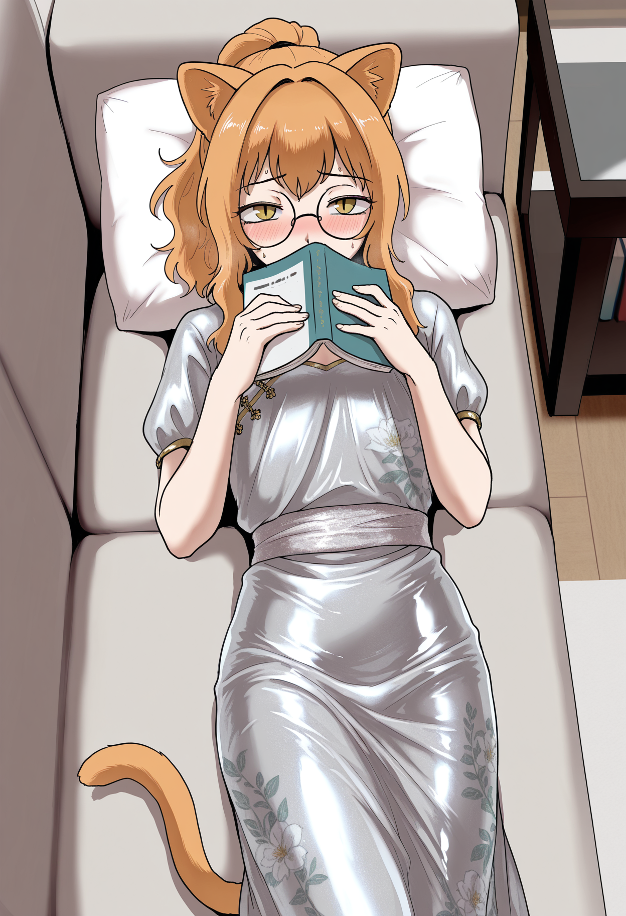 masterpiece,best quality,amazing quality,
living room,
1boy, trap, skinny, light orange cat ears, light orange cat tail, ponytail, air_ bangs, (light orange hair), yellow eyes, slit pupils, round glasses,
chinese princess outfit, (silver dress), (satin):1.4 dress, long skirt, shiny clothes, short sleeves, blushing, shy, floral print, lying on back, holding book, from above, looking at viewer,
<lora:OtokonokodeAsobouIL-style:1>, otokonokodeasobou,