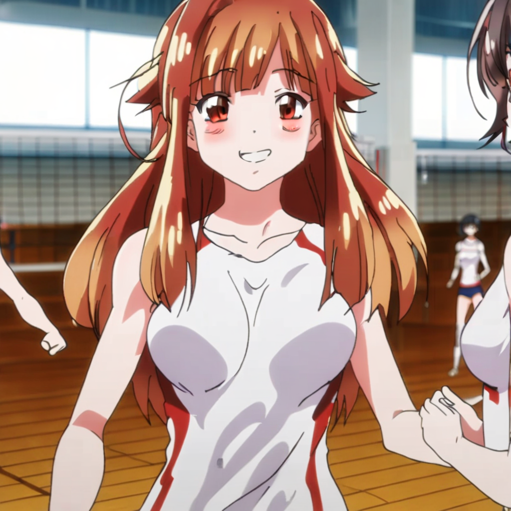 Aoi Yuzuki , volleyball outfit , standing , cute breasts , smile , full body , cute face , indoors