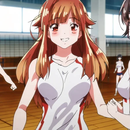 Aoi Yuzuki , volleyball outfit , standing , cute breasts , smile , full body , cute face , indoors