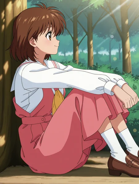 masterpiece,best quality,newest,
1girl,solo,
anime screencap,<lora:yukimura_keiko_ilxl_v1.1:1>,y_keiko,brown eyes,bangs,brown hair,short hair,
long_sleeves,socks,loafers,
<lora:Fixhands_anime_bdsqlsz_V1:1>,lens_flare,smile,white shirt,pink dress,brown footwear,knees_together_feet_apart,sitting,profile,tree,nature,lawn,