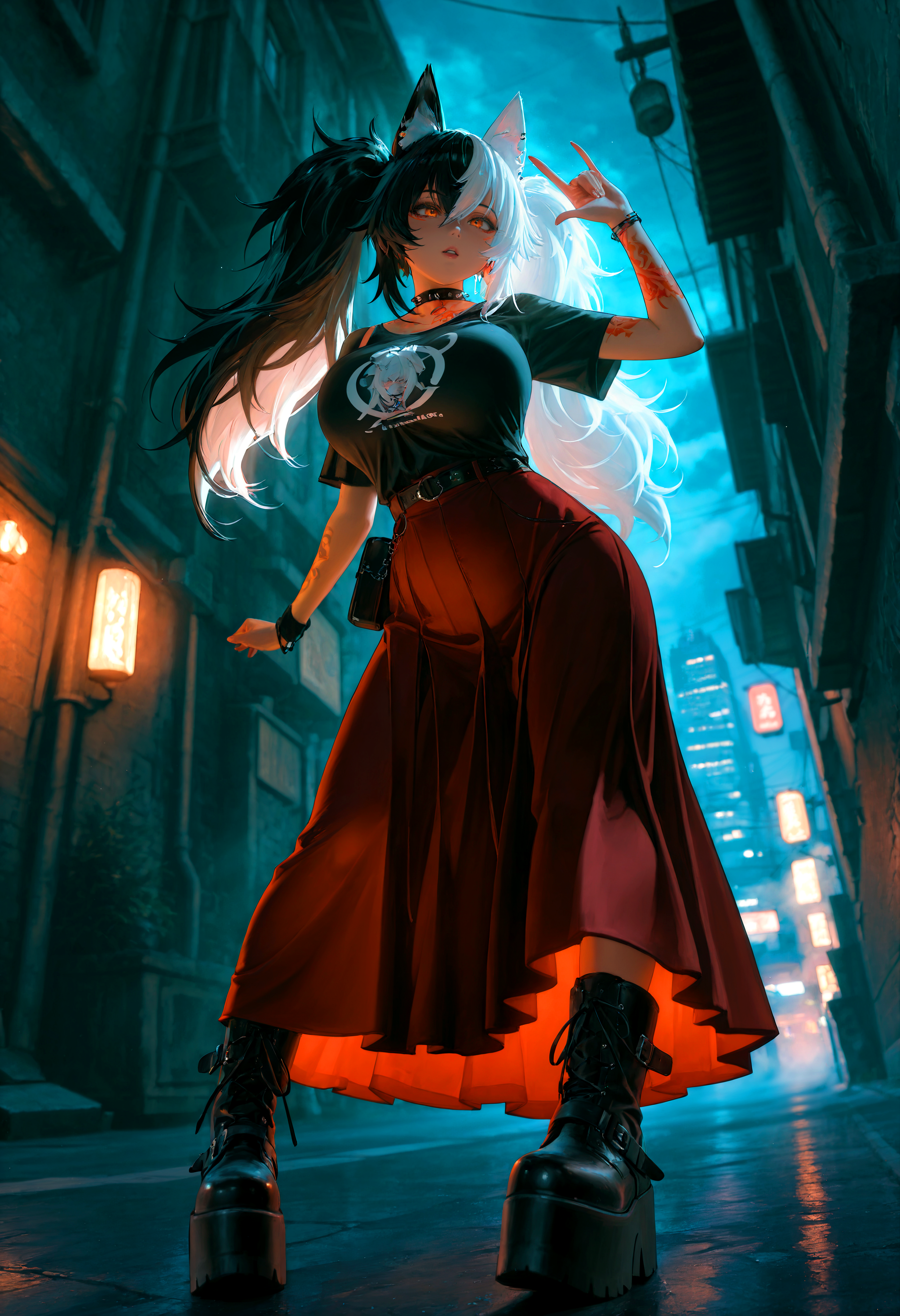 HDR, 8K, high contrast, masterpiece, best quality, amazing quality, very aesthetic, superabsurd res, high resolution, ultra-detailed, absurdres, newest, scenery, (horikoshi kouhei:0.3), (quasarcake:0.3), (wlop:0.3), light rays, chiaroscuro, dynamic angle, from below, foot focus, dutch angle, fisheye, foreshortening, close up, 1girl, air_kyuu, animal ears, animal ear fluff, orange eyes, twintails, big hair, black hair, white hair, multicolored hair, two-tone hair, split-color hair, hair between eyes, huge breasts, tattoo, bedroom eyes, \m/, wearing edgGrunge_clothing, short sleeves, earrings, boots, choker,city skyline, black footwear, collar, black shirt, red skirt, piercing, t-shirt, ear piercing, spikes, long skirt, platform footwear, fashion, platform boots, (colorful), dark alley, fog, night, dark, cyberpunk, godrays, Intricately designed, Mysterious, BREAK, photorealistic, beautiful detailed eyes, detailed skin, detailed hair, volumetric lighting, dappled light, light particles, dramatic shadows, cinematic lighting, photo background, depth of field, <lora:ponyxl\cfg_scale_boost:0.8> <lora:IL\KMS_AIR_Kyuu_IL-000009:0.7> <lora:IL\edgGrungeFreestyleILS:0.8>